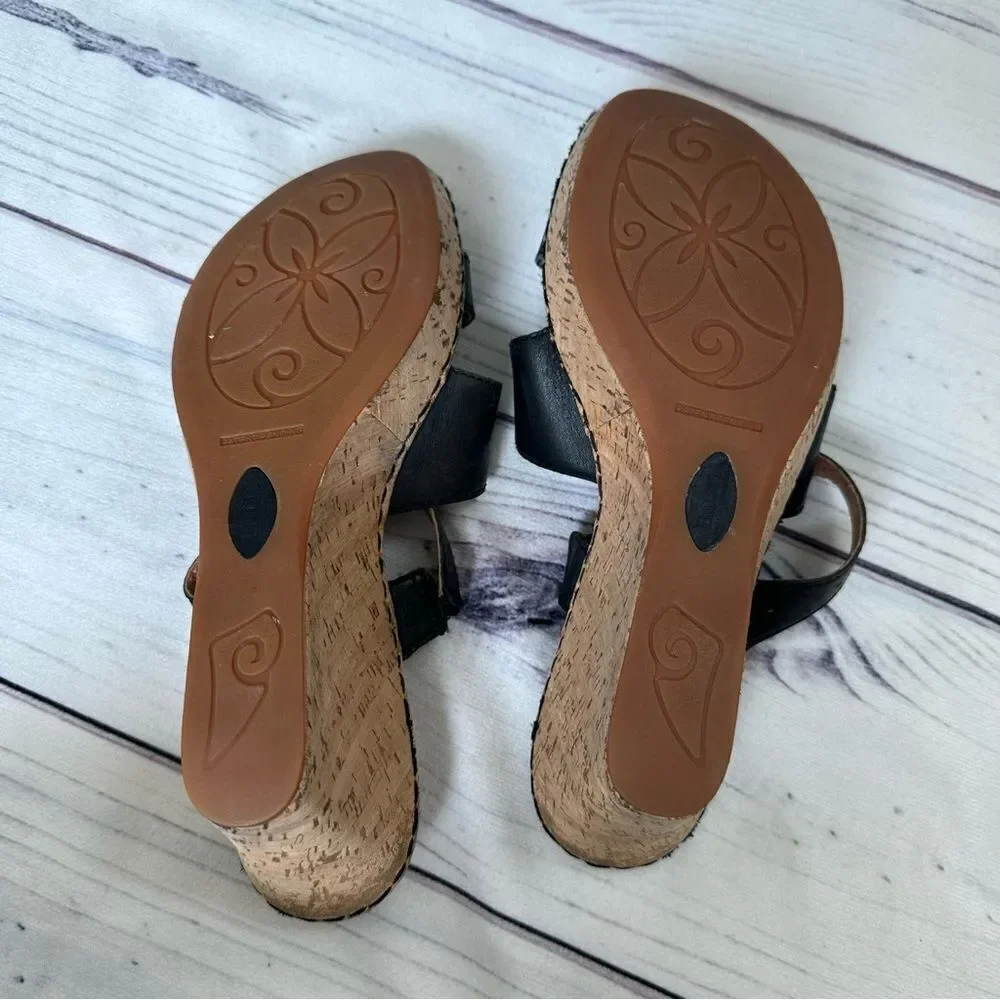 BORN Cork 3” Wedge Heel Strappy Slip-On Black Leather Sandals Sz‎ 10 Platform